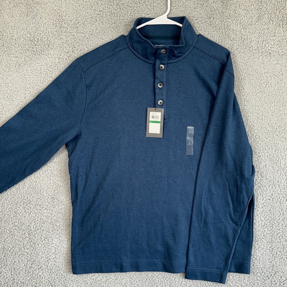 Van Heussen Never Tuck Sweatshirt Pullover Men Large Blue Classic Fit Button NEW